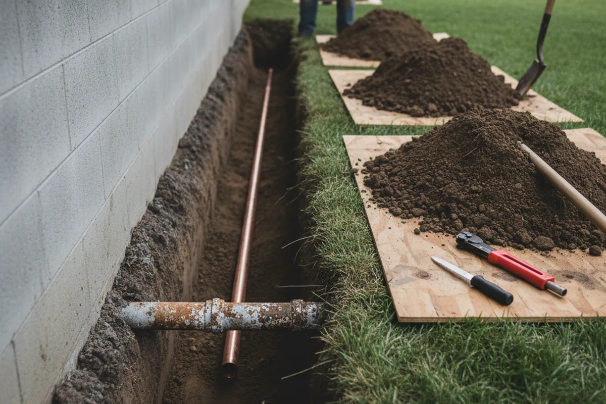 Excavated water line trench during Sewer Line Repair in Hiram